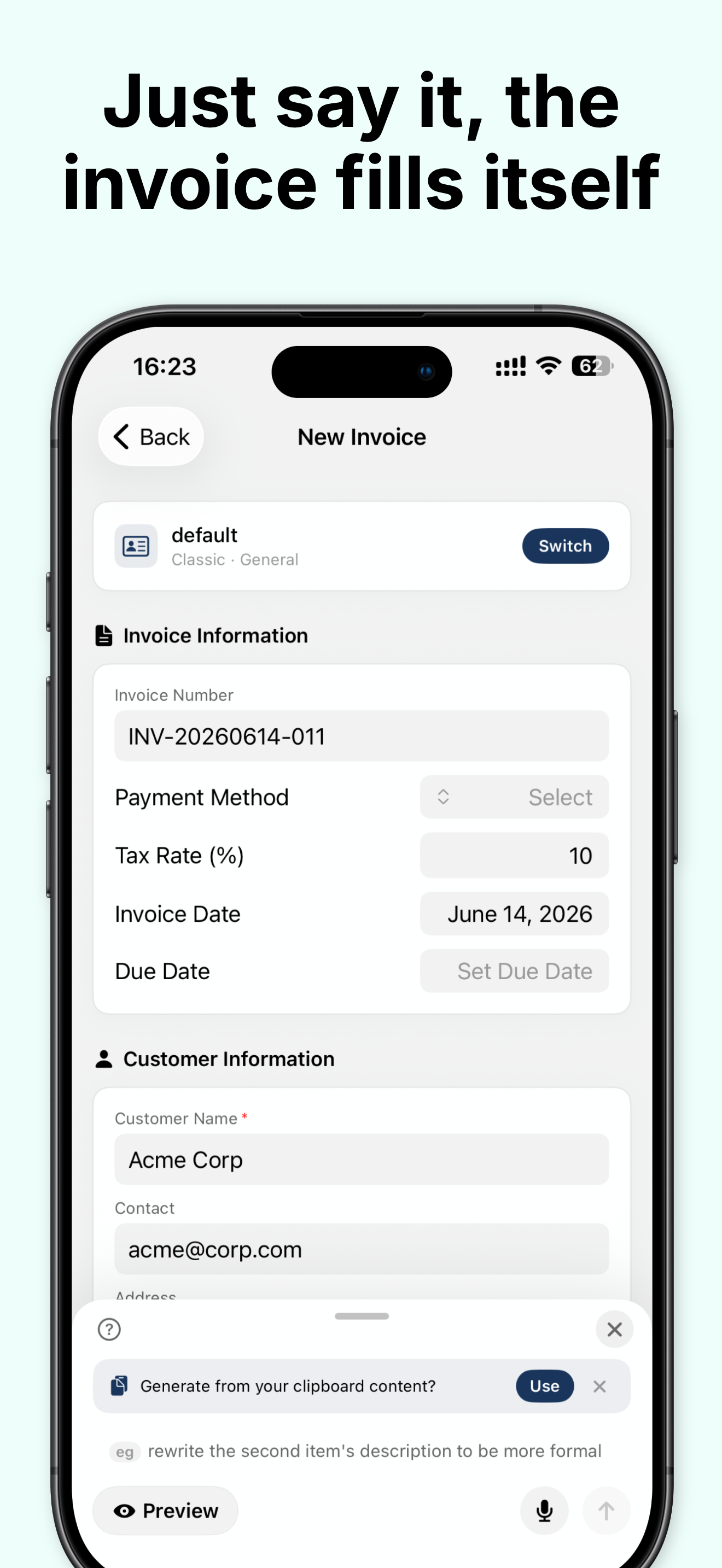 New invoice screen with AI assistant generating from clipboard and voice