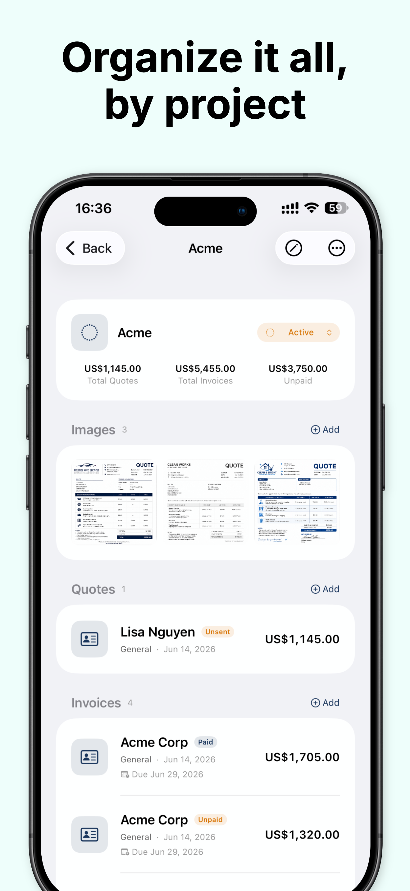 Project view organizing quotes, invoices and document images