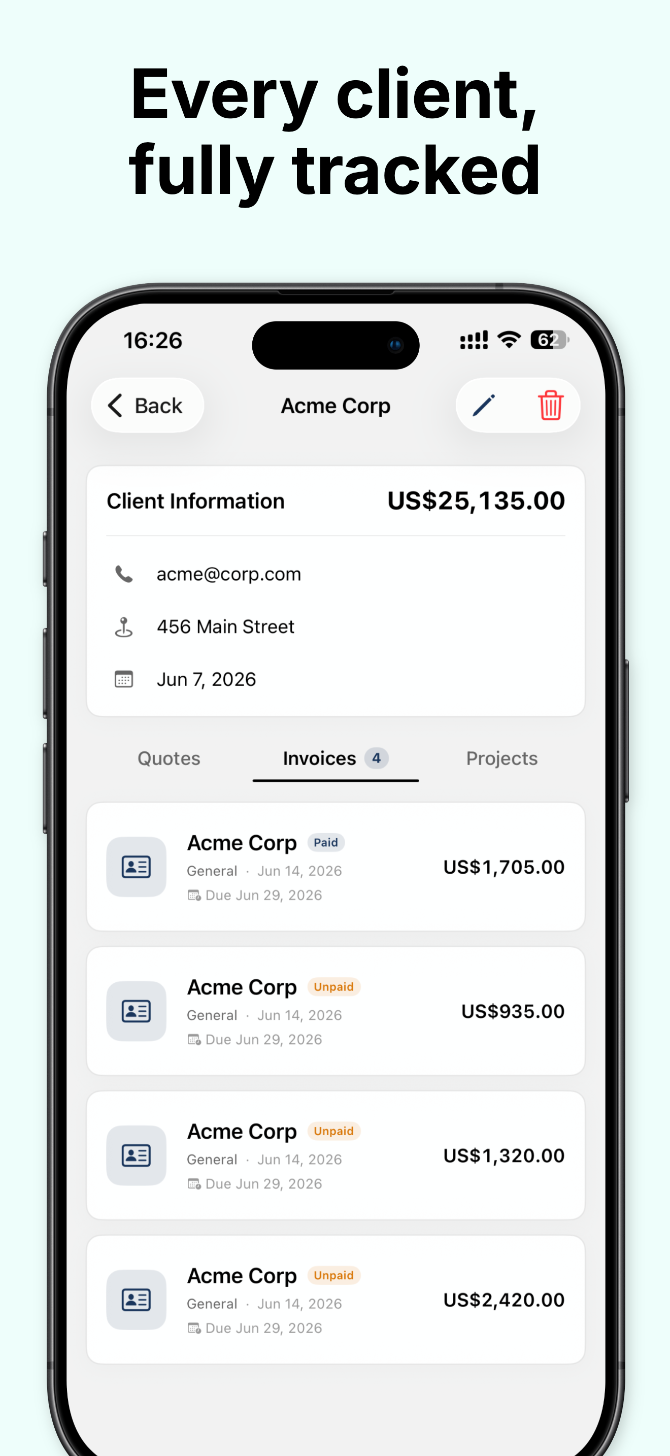 Client detail with invoices and paid/unpaid tracking