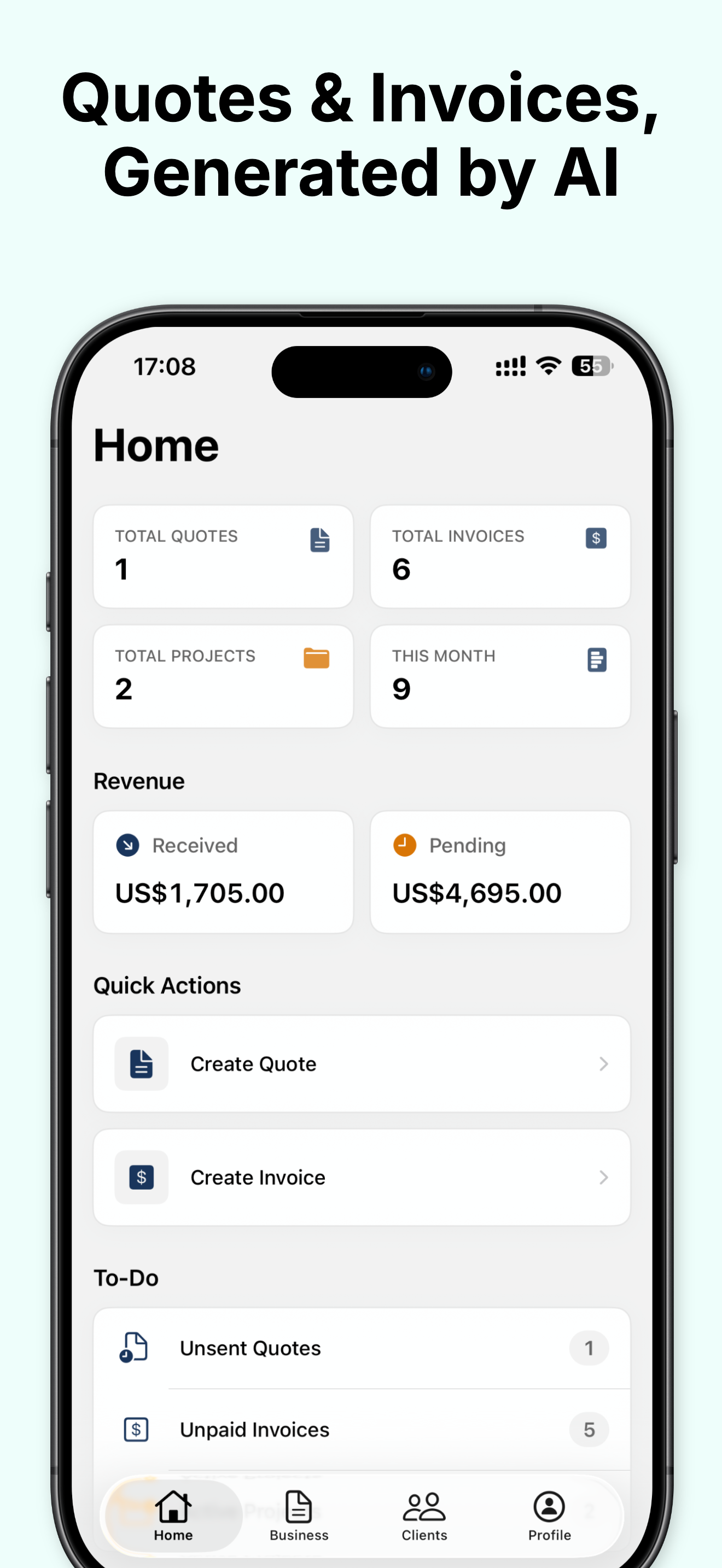 Home dashboard — quotes and invoices generated by AI